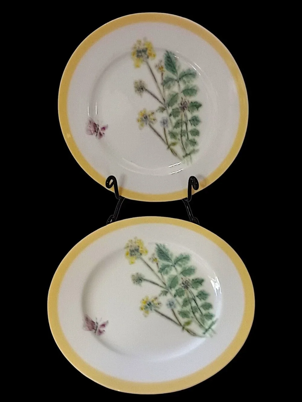 2 Williams Sonoma Flowering Herbs Salad Plates Yellow Burnet Purple Butterfly